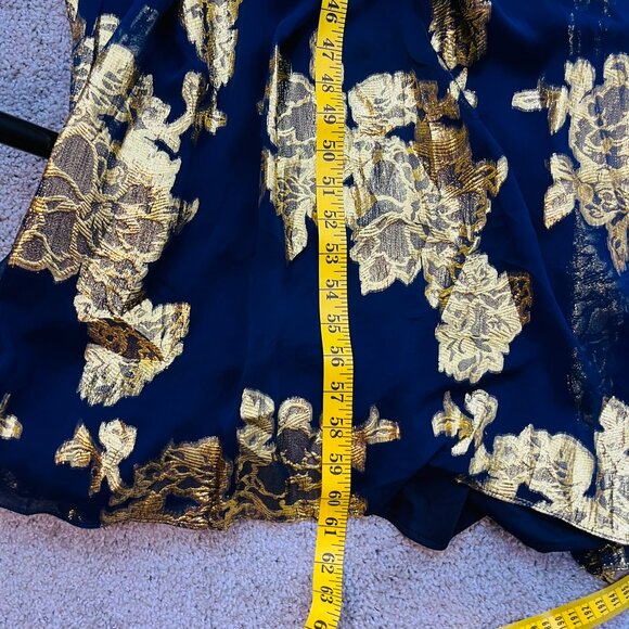 Xscape Silk Navy Blue and Gold Metallic Maxi Evening Gown - Picture 12 of 12